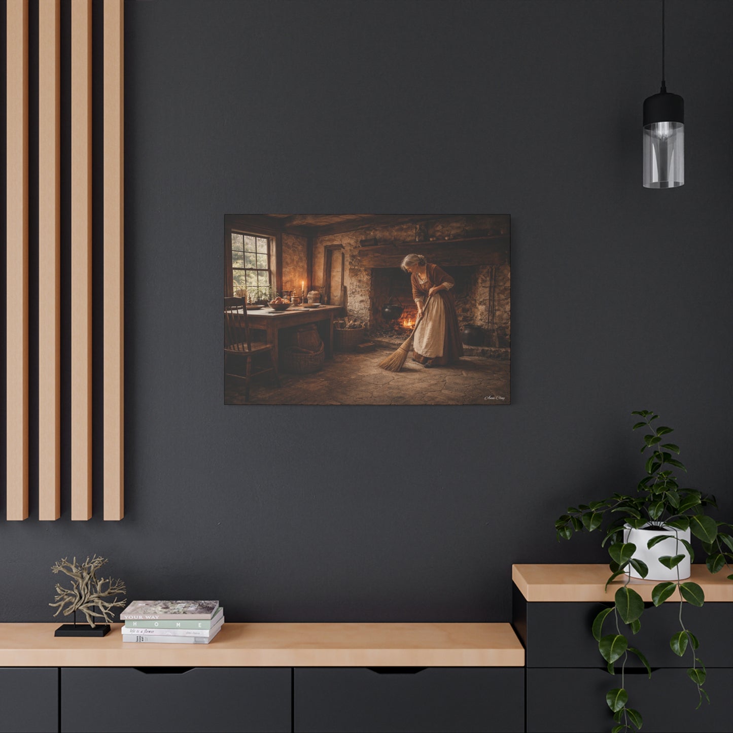 Domestic Woman Sweeping Hearth Matte Canvas, Stretched, 1.25"