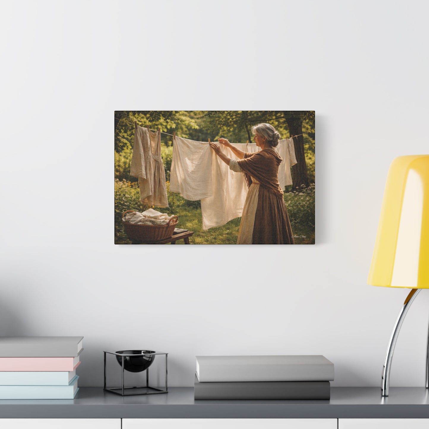 Domestic Canvas Wall Art — Vintage Woman Hanging Laundry, Rustic Cottagecore Home Decor