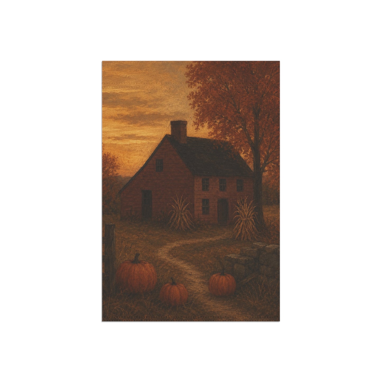 Autumn Farmhouse Garden Flag — Rustic Pumpkin House Fall Banner