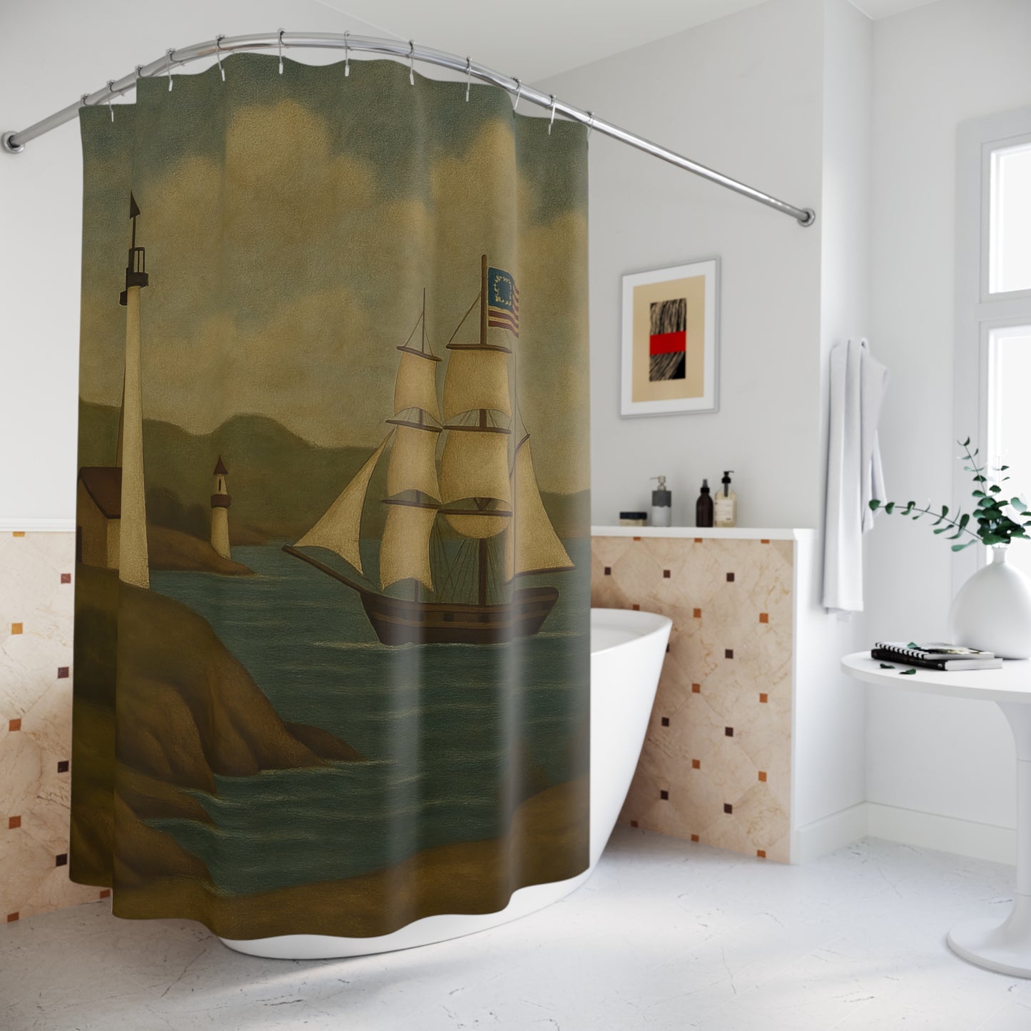 Nautical Lighthouse Shower Curtain, Coastal Bathroom Decor, Vintage Ship Design, Home Spa, Beach House Gift