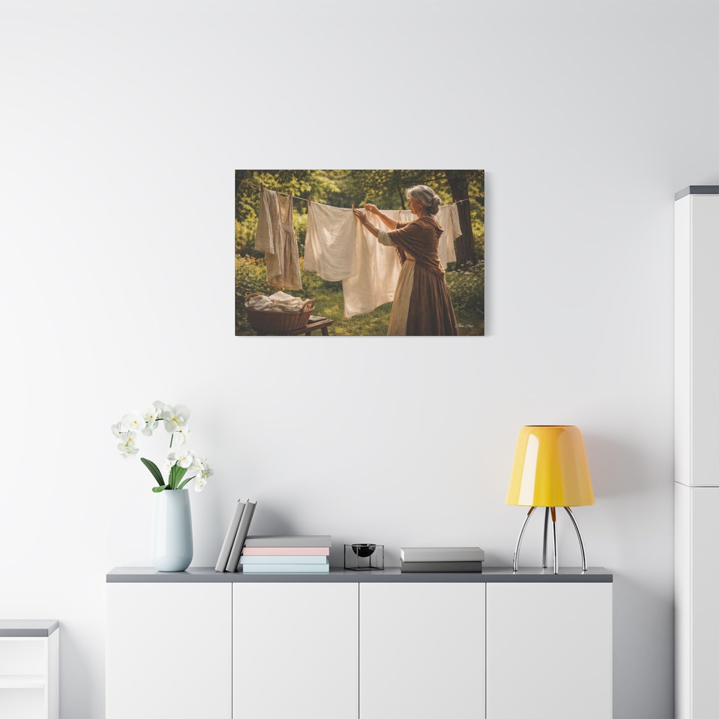 Domestic Canvas Wall Art — Vintage Woman Hanging Laundry, Rustic Cottagecore Home Decor
