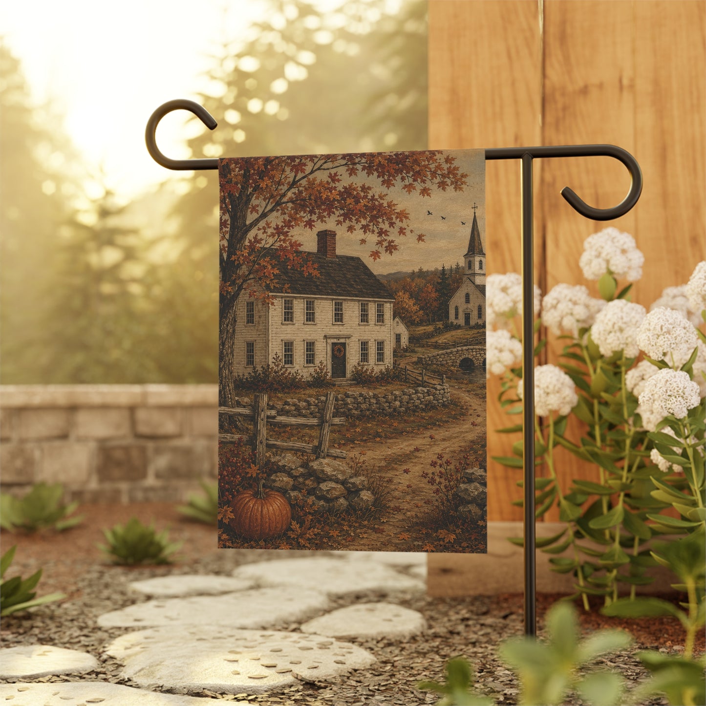 Autumn Country House Garden Flag — Rustic Fall Pumpkin & Church Yard Banner