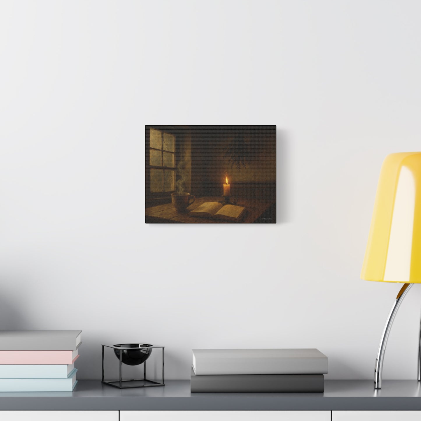Cozy Candlelit Canvas Art, Wall Decor, Rustic Home Decor, Coffee Lovers Gift, Relaxing Room Artwork, Gift for Book Lovers
