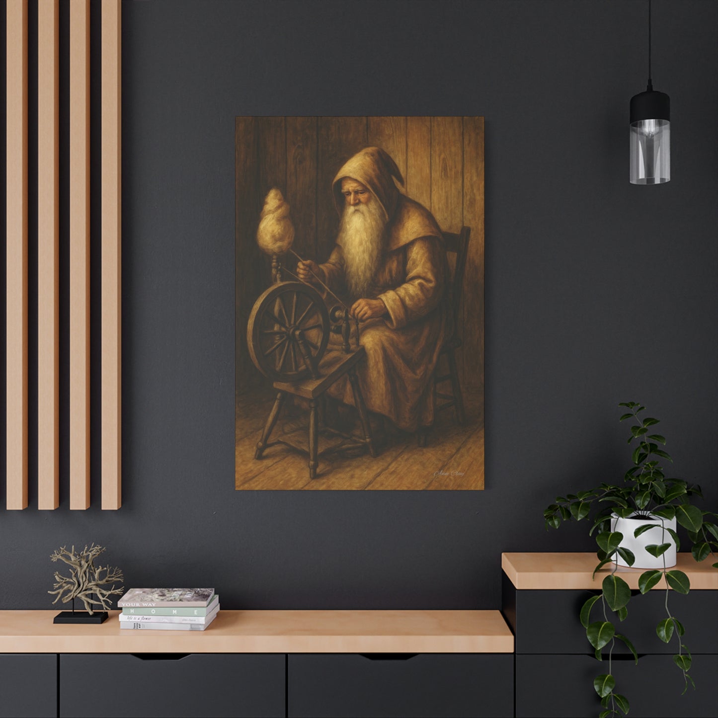 Spinning Wheel Santa, Canvas Print, Cozy Home Decor, Art for Craft Lovers, Perfect Gift for Holidays, Wall Art, Old World Santa