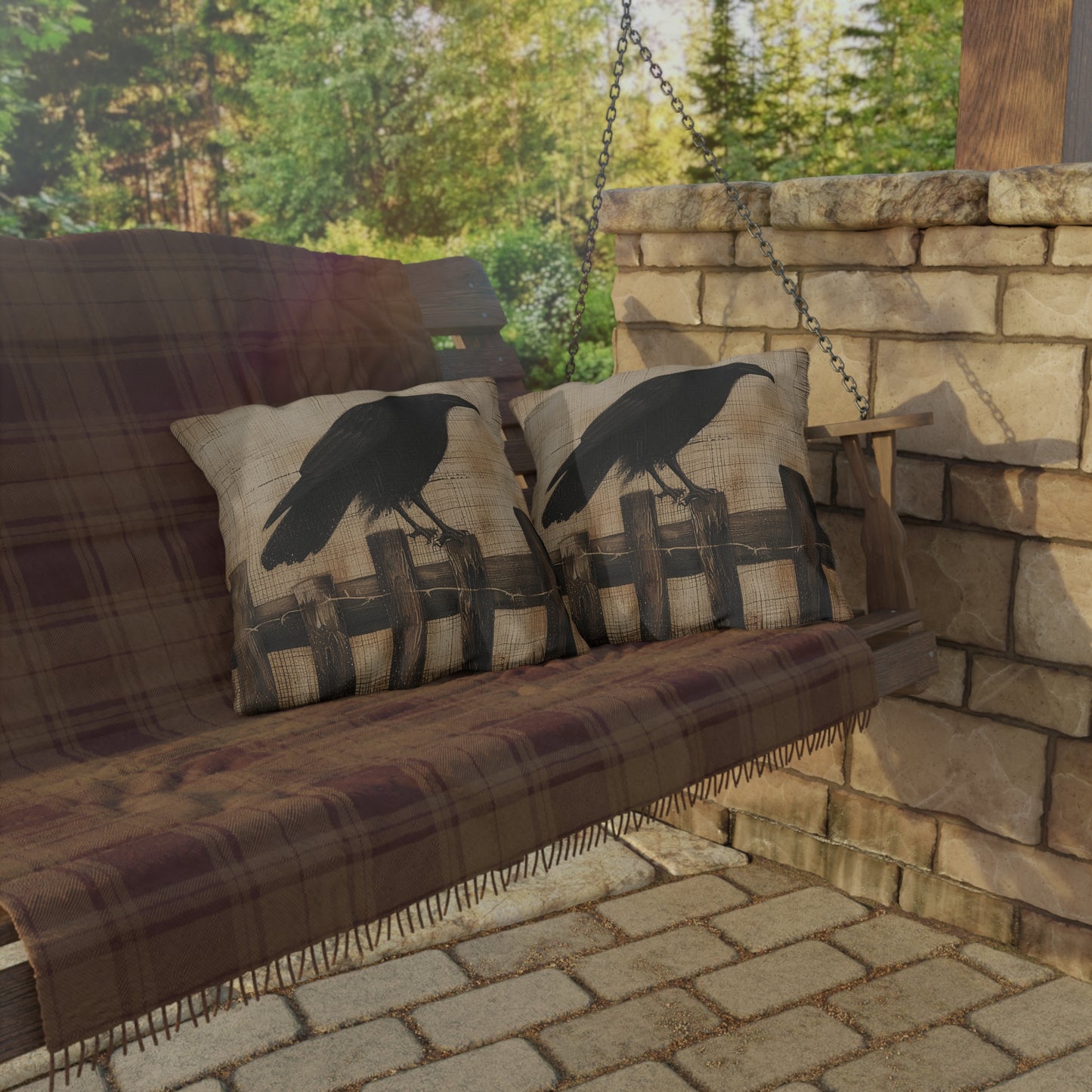 Black Crow on a Fence Outdoor Pillows
