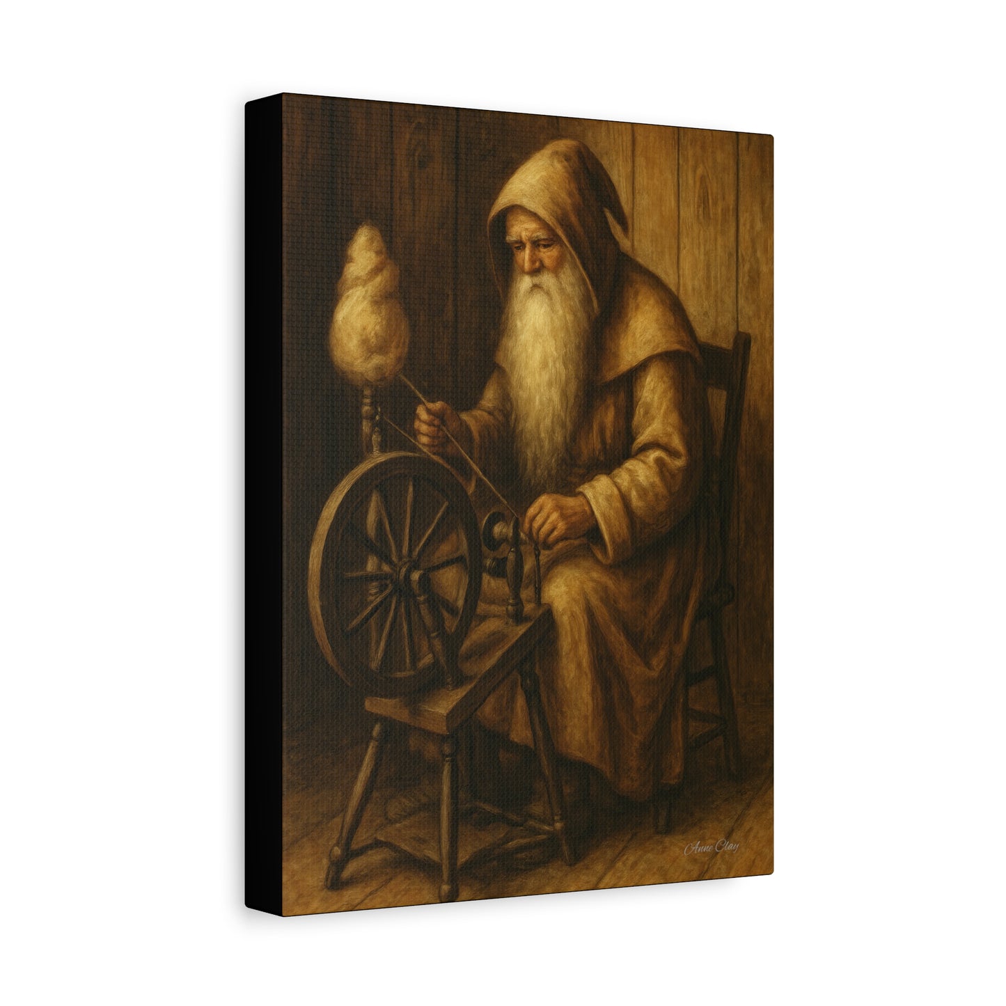 Spinning Wheel Santa, Canvas Print, Cozy Home Decor, Art for Craft Lovers, Perfect Gift for Holidays, Wall Art, Old World Santa