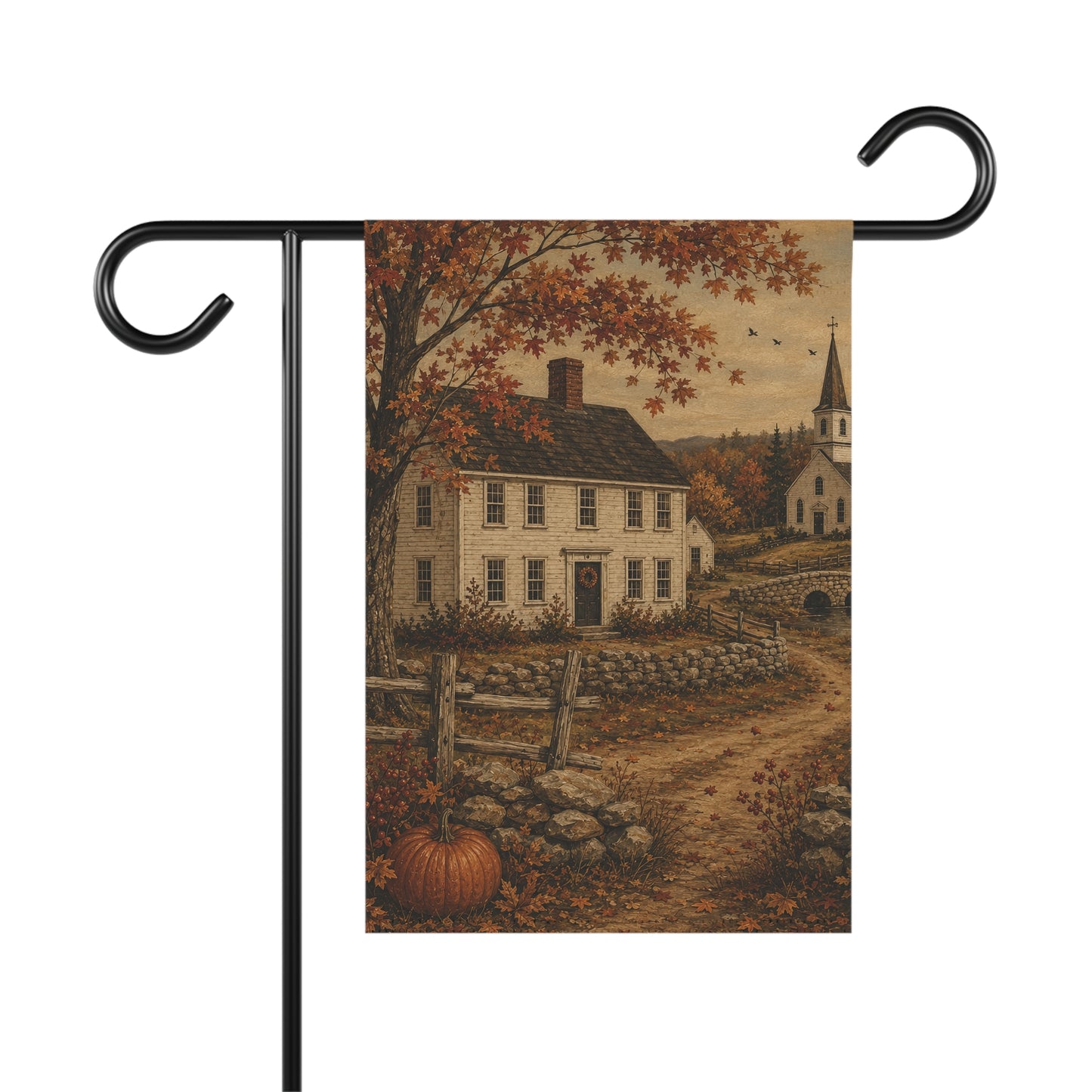 Autumn Country House Garden Flag — Rustic Fall Pumpkin & Church Yard Banner