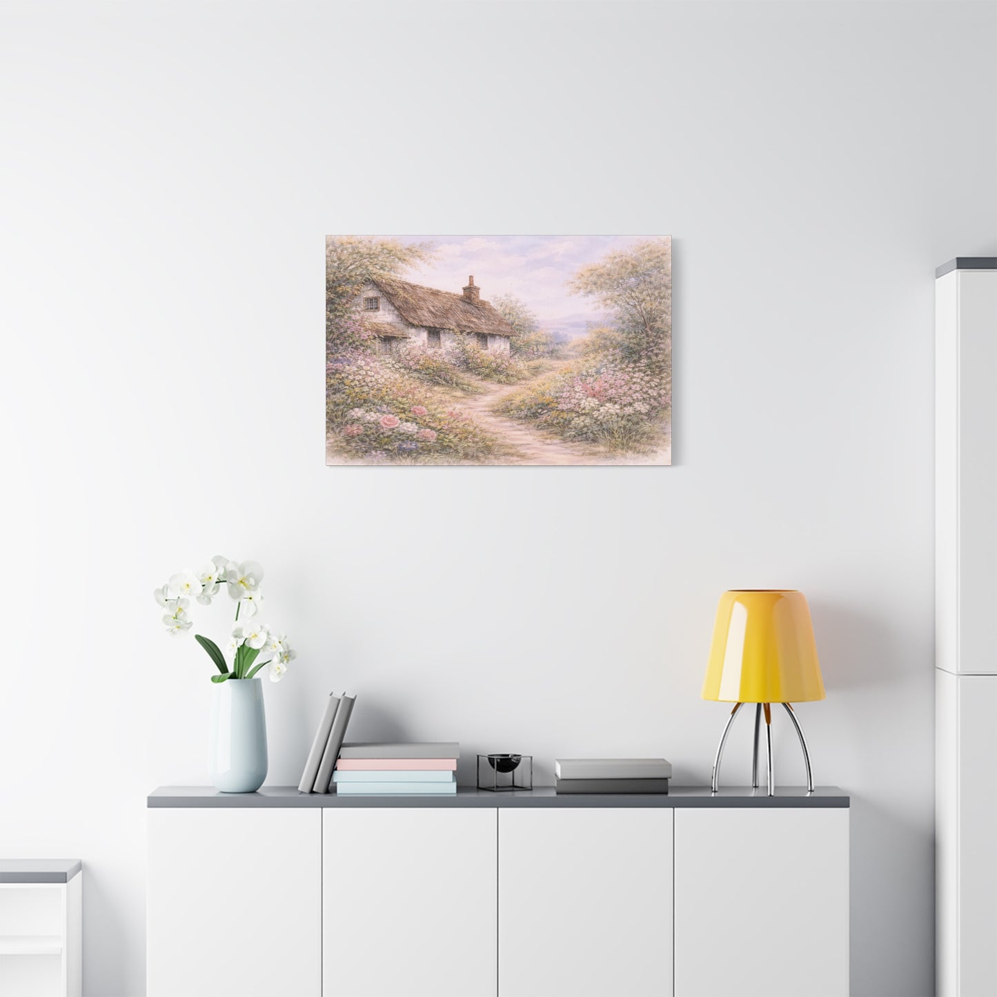 Cottage Garden Matte Canvas Wall Art — Pastel Floral Country Path Print, Stretched 1.25"
