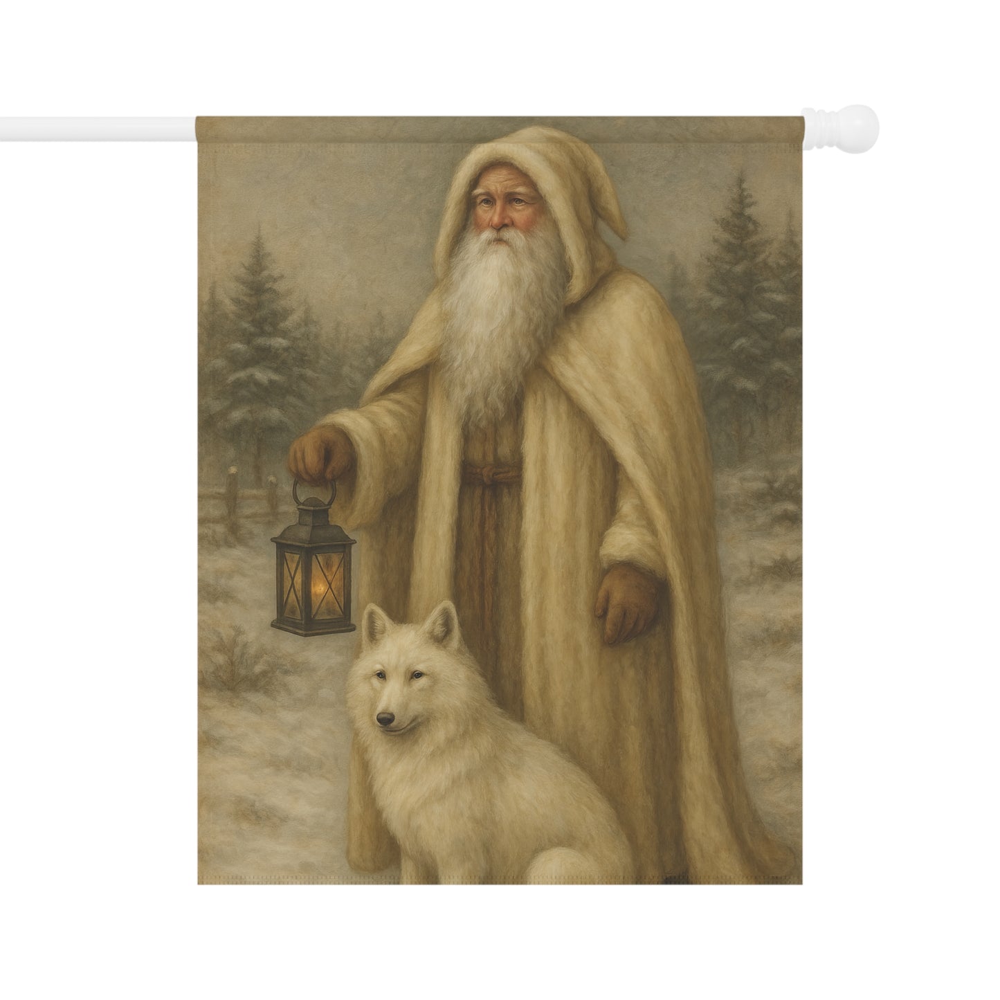Winter-Themed Garden Banner Featuring a Lantern-Secured Santa and Arctic Fox, Cozy Home Decor for the Holidays, Outdoor Display, [...]