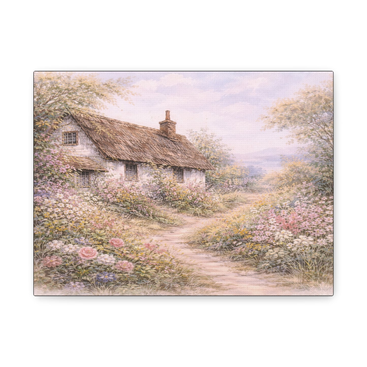 Cottage Garden Matte Canvas Wall Art — Pastel Floral Country Path Print, Stretched 1.25"