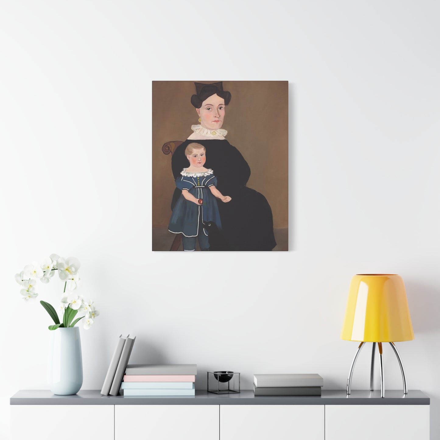 Early American Folk Art Mother and Child Vintage Portrait Canvas Art for Home Decor