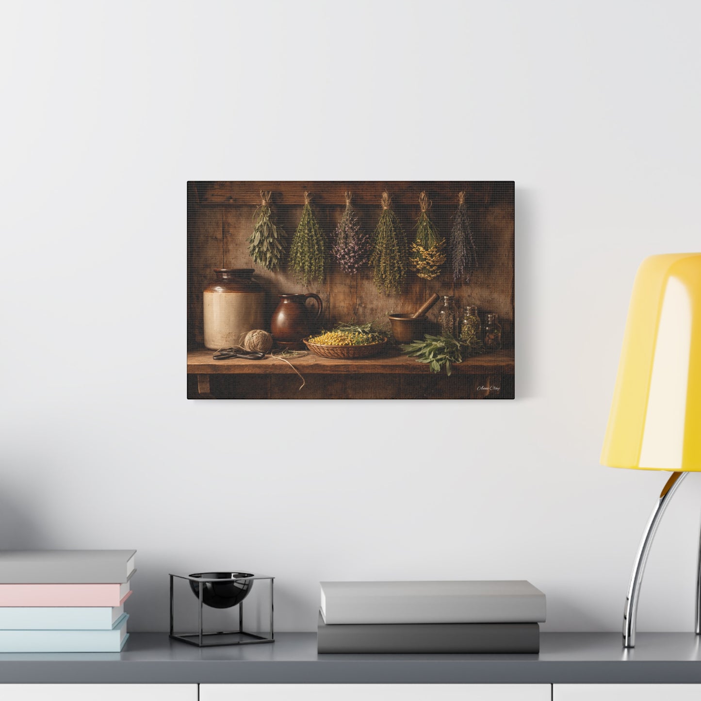 Domestic Rustic Herbal Kitchen Canvas Wall Art — Dried Herbs Still Life Matte Stretched Print