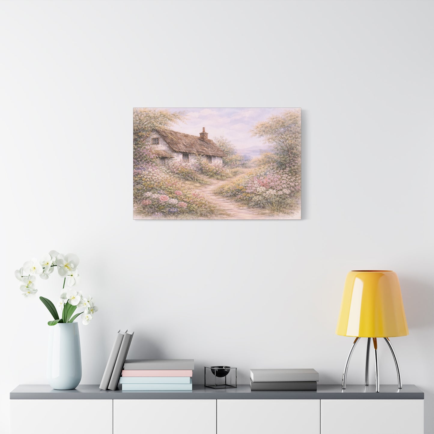 Cottage Garden Matte Canvas Wall Art — Pastel Floral Country Path Print, Stretched 1.25"