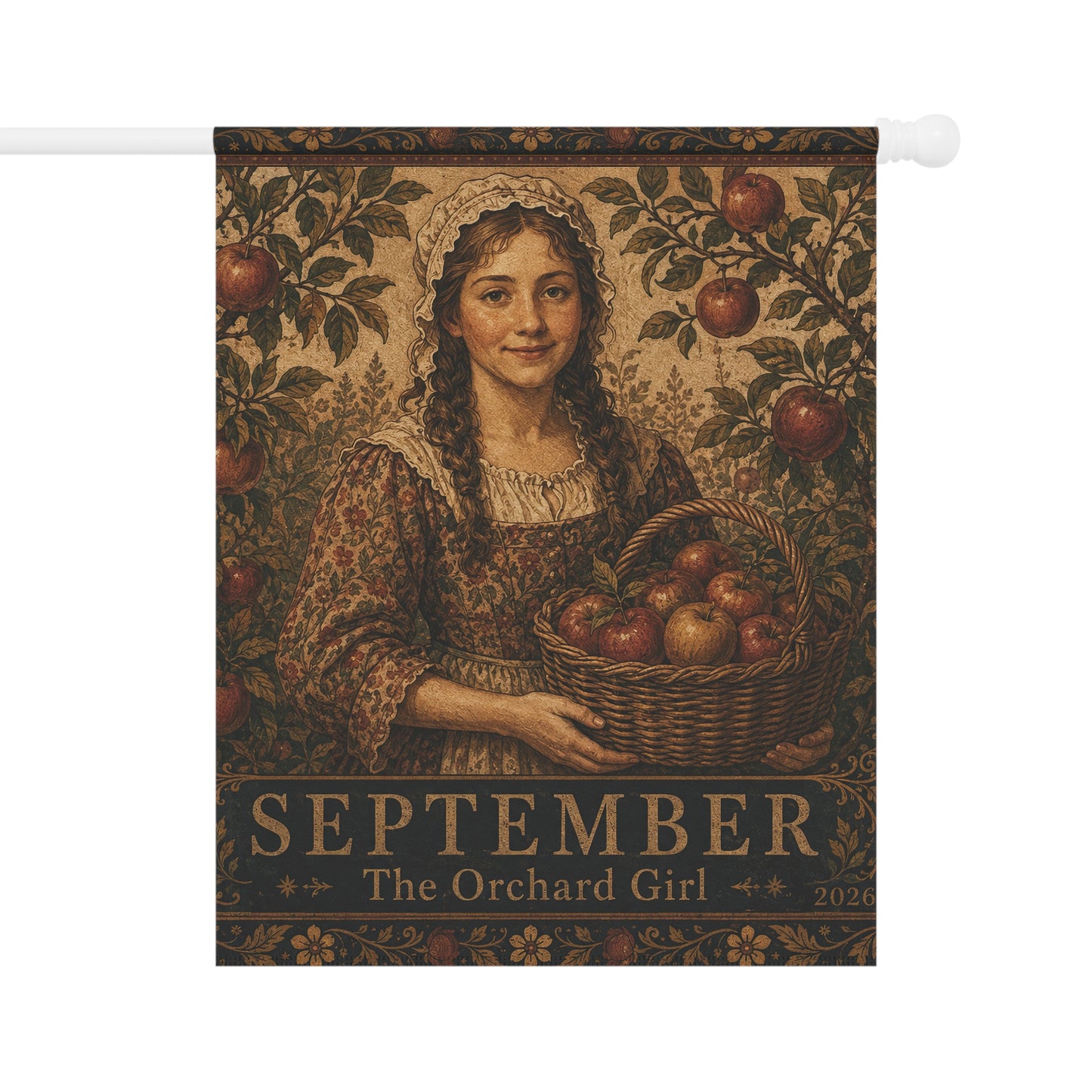 September Orchard Girl Garden Flag – Vintage Harvest House Banner