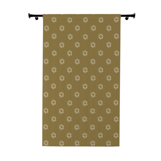 Early American White on Gold Floral Stencil Print Window Curtain - Boho Chic Home Decor